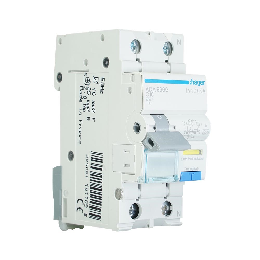 Hager aardlekautomaat 1-polig+nul 16A C-kar 30mA (ADA966G) main product photo