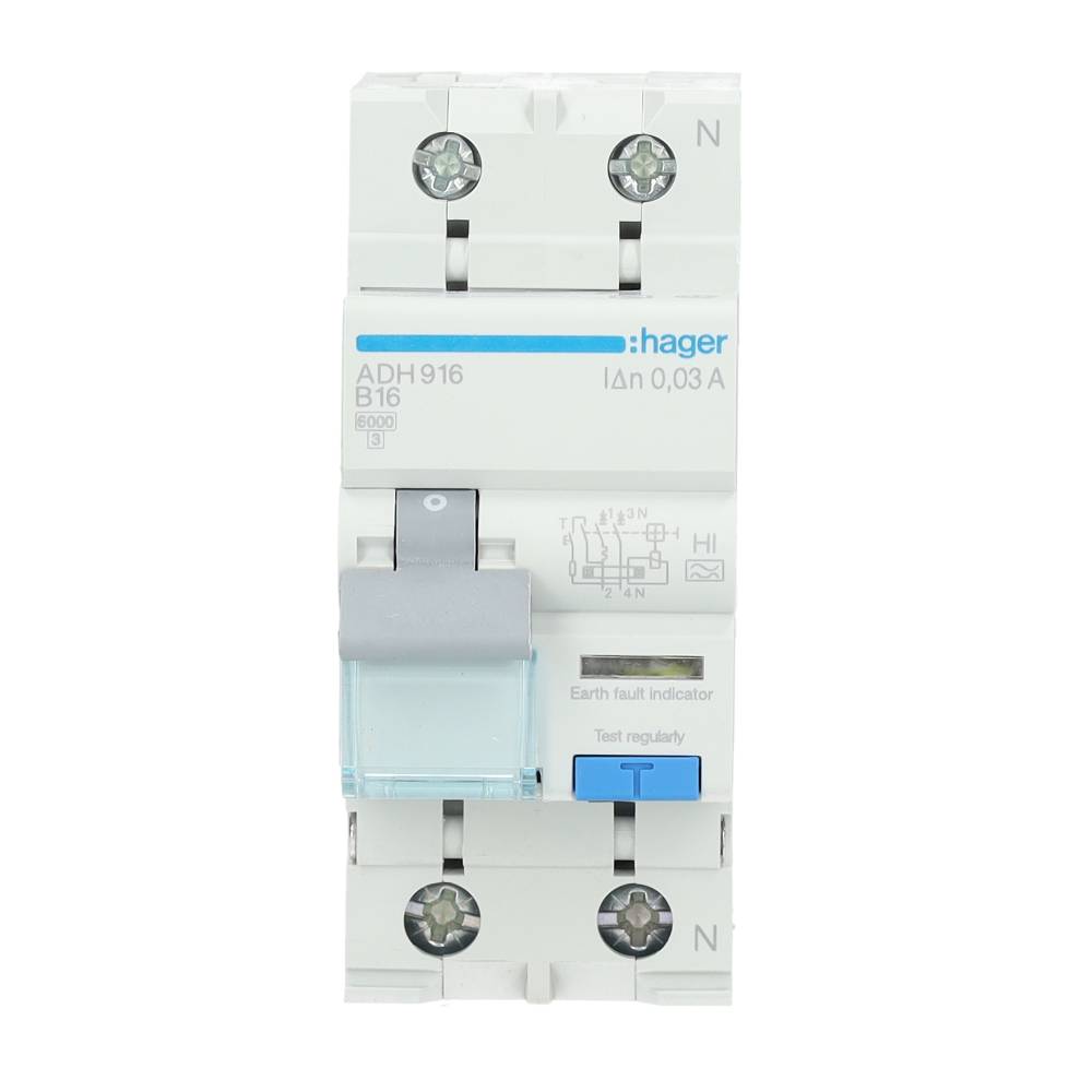 Miniatuur van Hager aardlekautomaat 1-polig+nul 16A B-kar 30mA (ADH916)