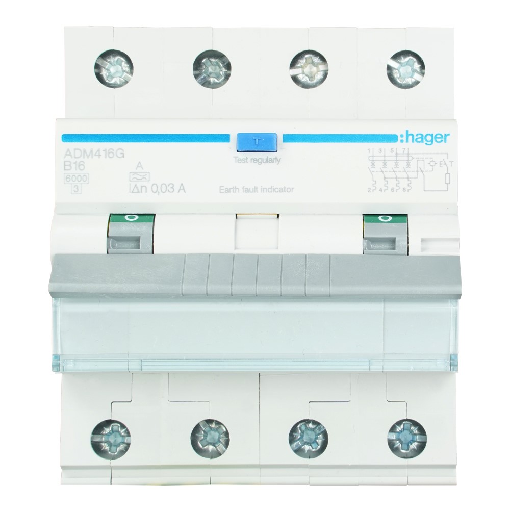 Hager aardlekautomaat 4-polig 16A B-kar 30mA (ADM416G)