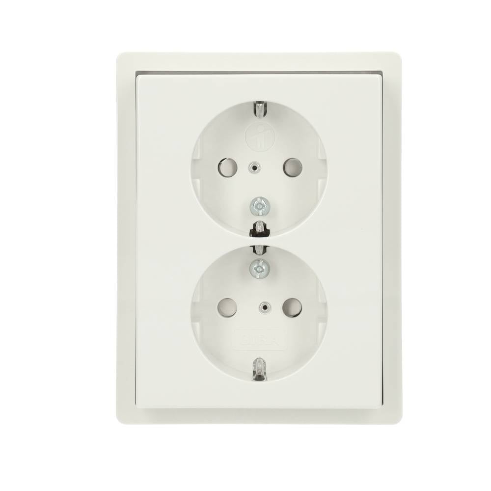 Gira F100 wandcontactdoos met randaarde en afdekraam 2-v zuiver wit