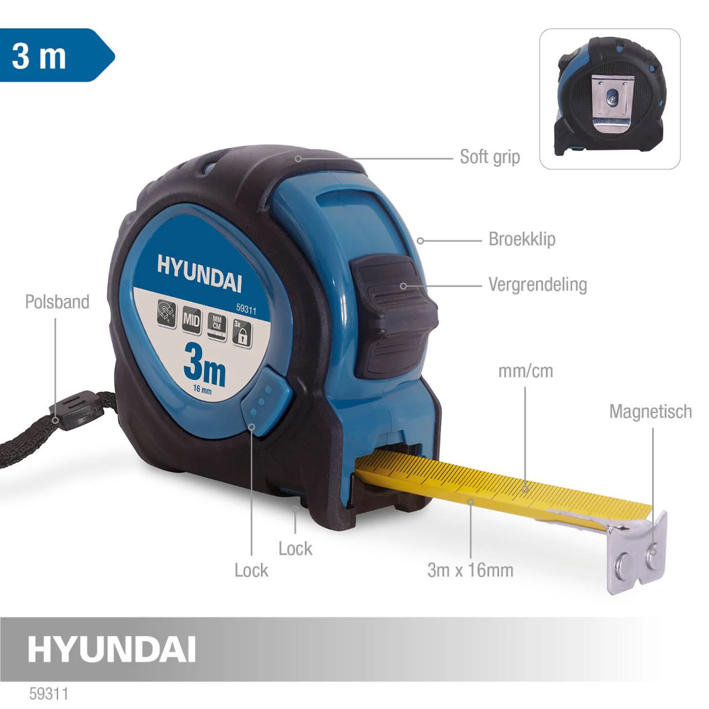 Miniatuur van Hyundai rolmaat 3 meter 16mm nylon gecoat (59311)