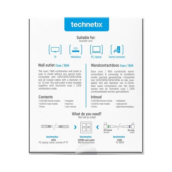 Technetix universele wandcontactdoos RJ45 (CAT6) / coax combidoos opbouw/inbouw (incl. opbouwrand) - wit glanzend (CL50-COMBI-S)