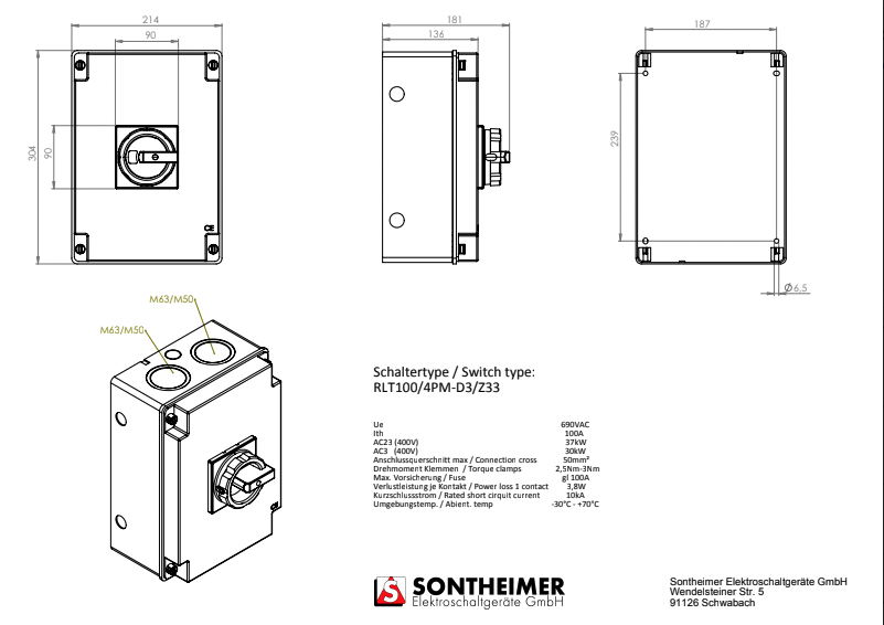 Miniatuur van ASN SONTHEIMER werkschakelaar 4-polig 100A opbouw IP65 - zwart (A531820)