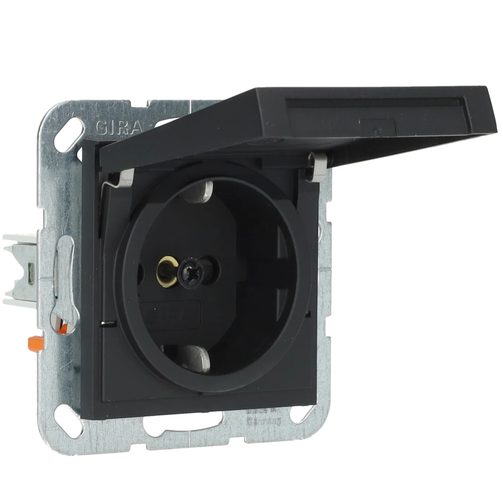 Miniatuur van Gira stopcontact met randaarde klapdeksel shutter en symbool - systeem 55 zwart mat (4414005)