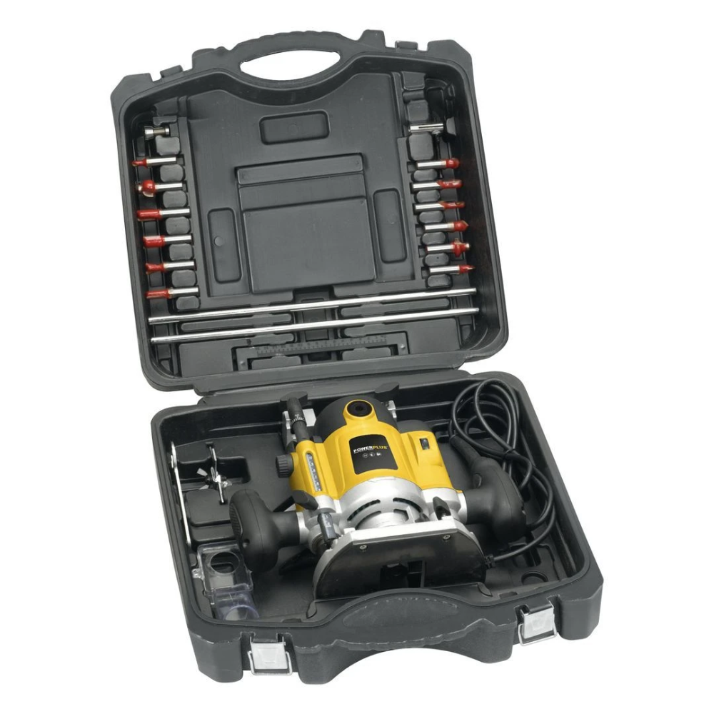 PowerPlus bovenfrees 230V 1500W met fijninstelling - complete set met 12 frezen (POWX093)