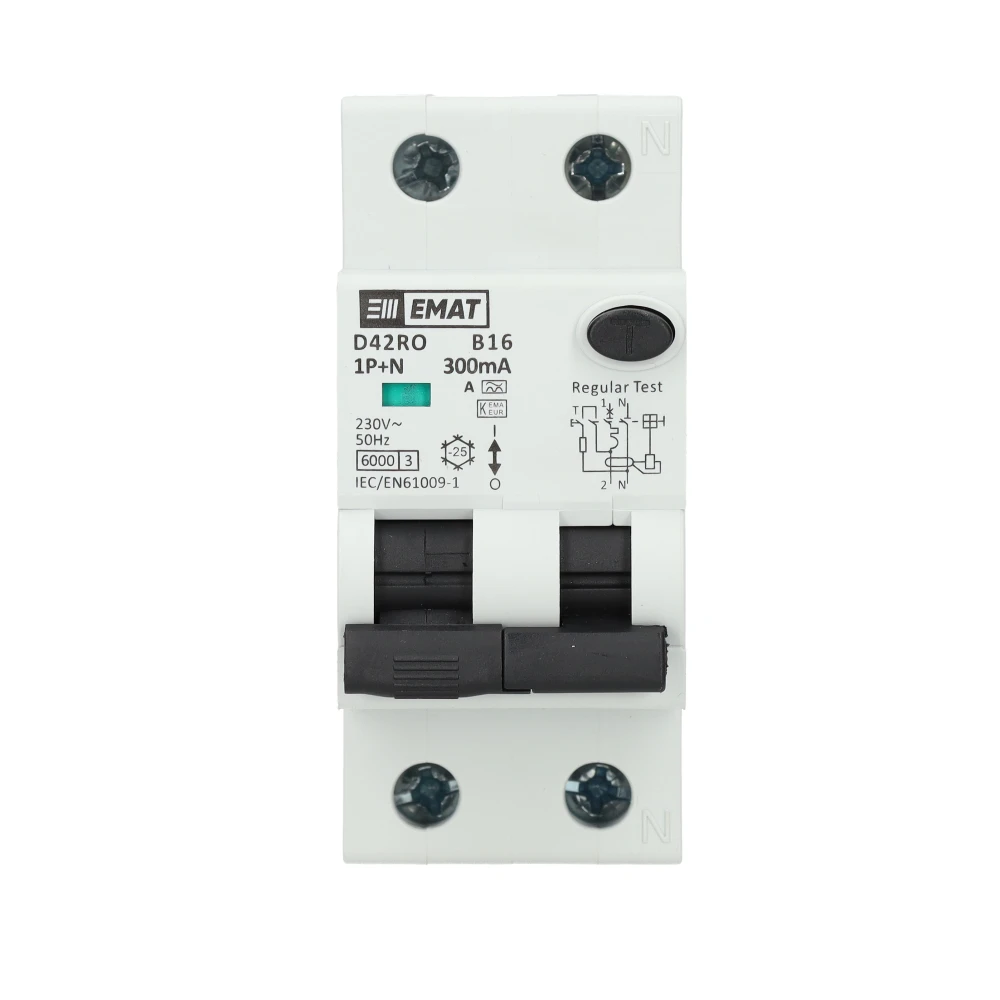Miniatuur van EMAT aardlekautomaat 1-polig+nul 16A B-kar 300mA 2 modules (85006424)