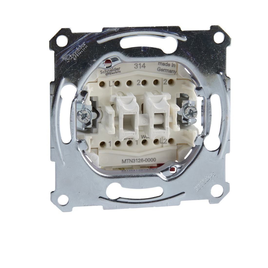 Schneider Electric dubbele wisselschakelaarsokkel, 1-polig 10AX, AC 250 V met insteekklemmen (MTN3126-0000)
