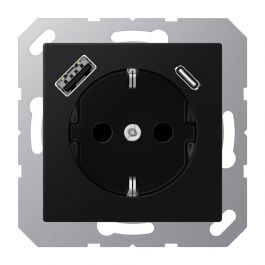 Dreigend Gevlekt complexiteit JUNG wandcontactdoos met 2x USB lader (1x type A en 1x type C, max 3A 5V) A  range - grafietzwart mat (A1520-15CASWM) | Elektramat