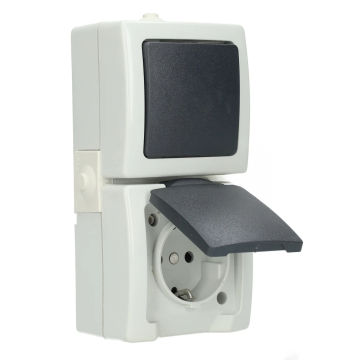 Kopp Nautic combinatie verticaal wisselschakelaar/wandcontactdoos opbouw met randaarde en klapdeksel spatwaterdicht - grijs (1385.5600.8)