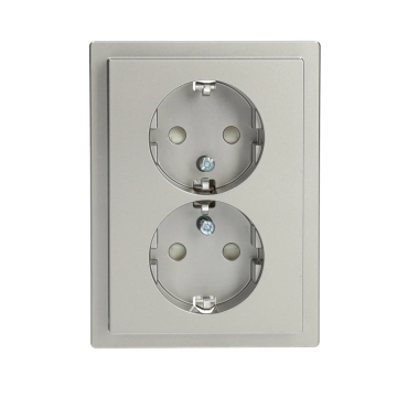 Schneider Electric dubbel stopcontact met randaarde, kinderbeveiliging en afdekplaat - D-life RVS (MTN2420-6536)