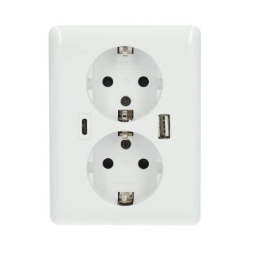 2USB dubbel stopcontact half opbouw met duo USB A+C EasyCharge 18W/3A wit glanzend (2U-449221)