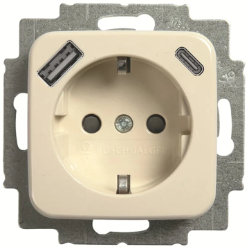 ABB Busch-Jaeger stopcontact met randaarde met 2xUSB 2.4A (USB A+C) en kinderbeveiliging - Duro 2000 SI crème (20 EUCB2USBAC-212)
