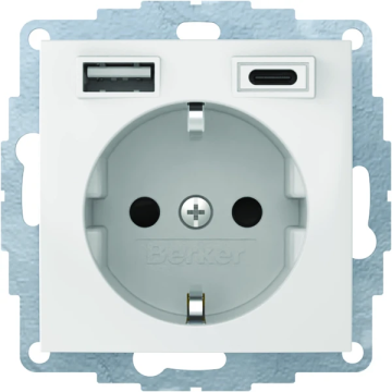 Hager stopcontact met randaarde USB A + C - Berker S.1/B.3/B.7 polarwit glanzend (48048989)