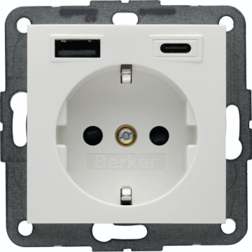 Hager stopcontact met randaarde USB A + C - Berker S.1/B.3/B.7 polarwit glanzend (48148989)