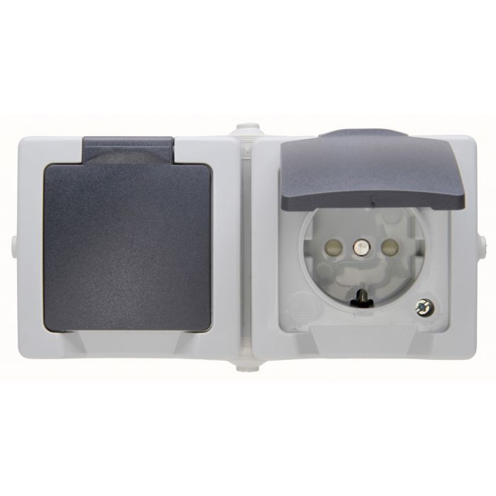 Kopp NAUTIC stopcontact 2 voudig horizontaal ip44 met randaarde klapdeksel opbouw grijs | Elektramat