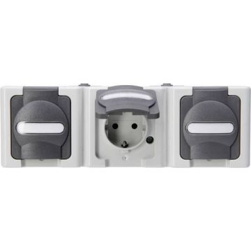 Kopp blue electric stopcontact ip44 horizontaal met deksel en randaarde 3-voudig opbouw grijs