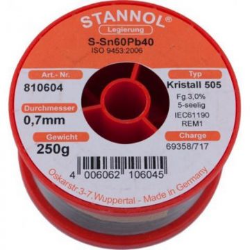 Stannol draadsoldeer tin/lood 60/40 massief diameter 0,7mm rol 250gr (810604)