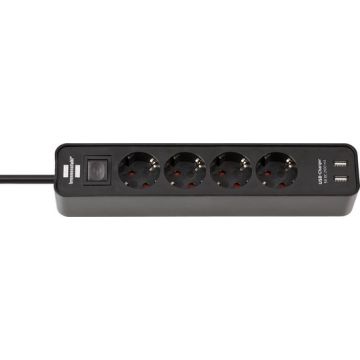 BRENNENSTUHL stekkerdoos met schakelaar 4-voudig met randaarde en 2x USB A 1,5 meter - zwart (1153240006)
