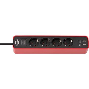 BRENNENSTUHL stekkerdoos met schakelaar 4-voudig met randaarde en 2x USB A 1,5 meter - rood-zwart (1153240076)