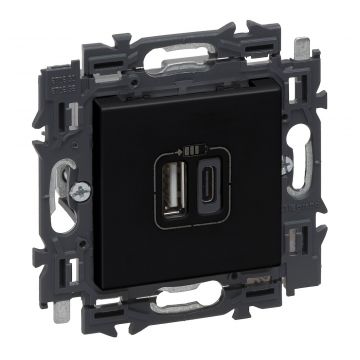 Legrand stopcontact 2x USB A + C volledig apparaat 3000mA met spanklauwen - Valena Nextmat zwart (741736)