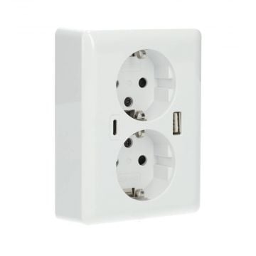 2USB dubbel stopcontact opbouw met duo USB A+C EasyCharge 18W/3A wit glanzend (2U-449221)