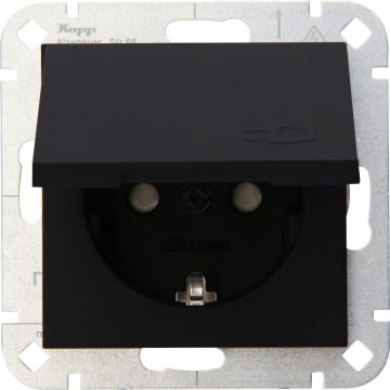 Kopp stopcontact met randaarde, kinderbeveiliging en klapdeksel - HK07 mat zwart (940150003)