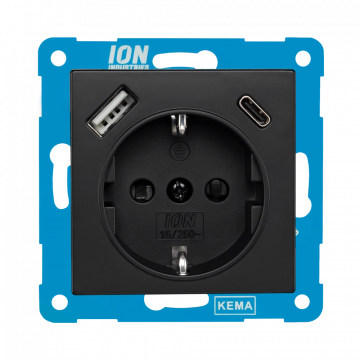 ION industries stopcontact met randaarde en USB A + USB C met kinderbeveiliging - V1/J1 mat zwart (10.300.416)