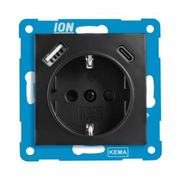 ION industries stopcontact met randaarde en USB A + USB C met kinderbeveiliging E1 Mat Zwart (10.302.416)