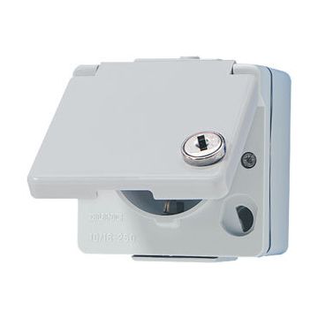 JUNG opbouw stopcontact met randaarde en sleutelslot en onderkast 10A IP44 - WG600 grijs (620WSL)